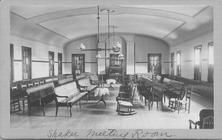 SA1708.42 - Interior view showing chairs, benches and tables. Photo is associated with the Church Family. Identified on the front., Winterthur Shaker Photograph and Post Card Collection 1851 to 1921c
